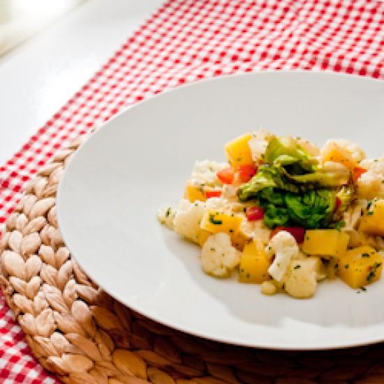 Rezeptbild: Brandade vom Seelachs mit Blumenkohl, Steckrübe und braisiertem Kopfsalat