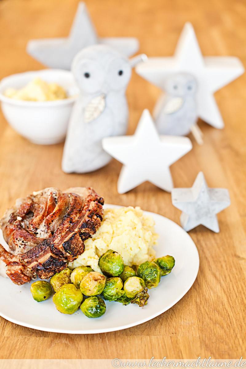 Rezeptbild: Porchetta auf Kartoffelpüree und Rosenkohl