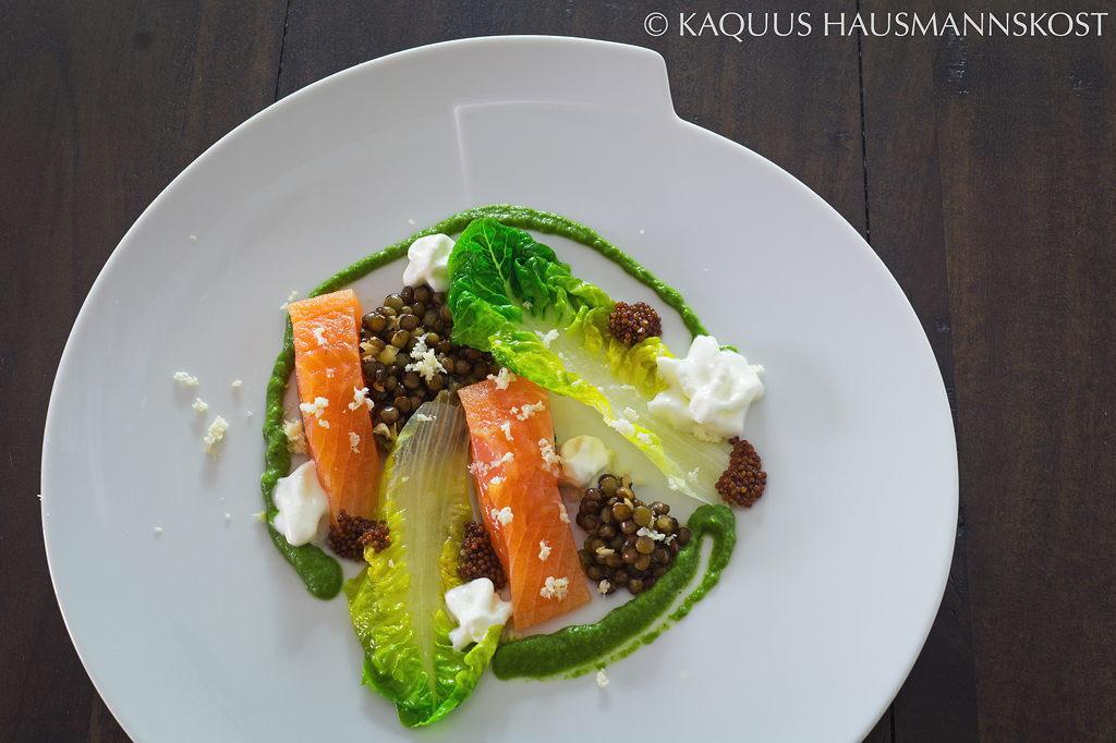 Rezeptbild: gebeizter Bachsaibling mit Linsen und Meerrettich
