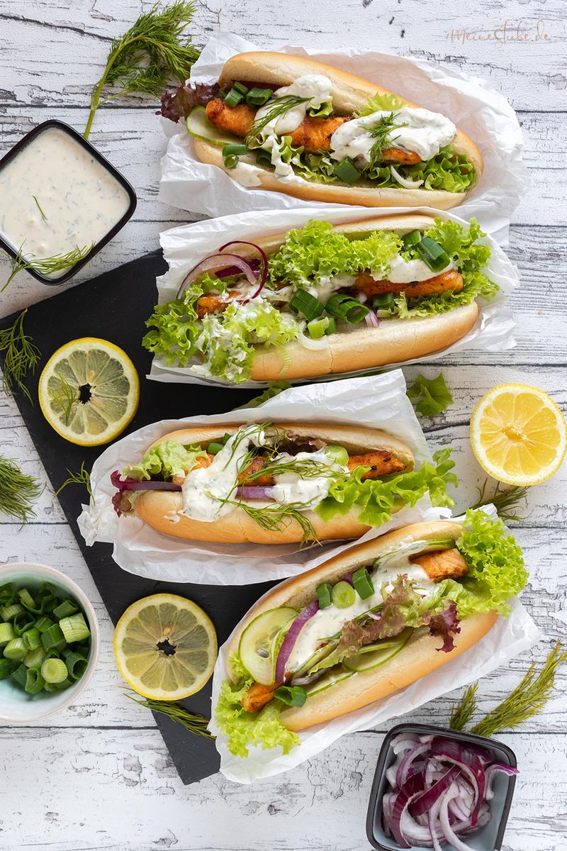 Rezeptbild: Lachs Hotdog mit Meerrettich-Frischkäse-Soße