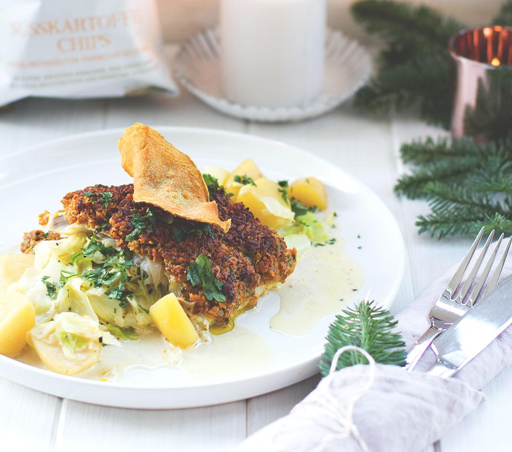 Rezeptbild: Kabeljaufilet mit Süßkartoffelchips-Kruste