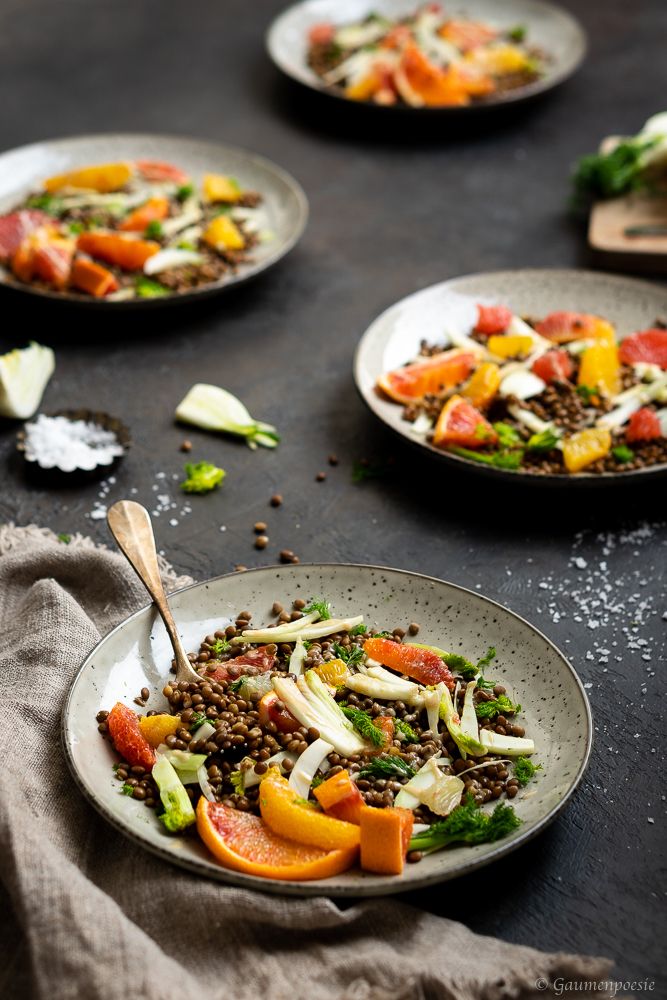 Rezeptbild: Fenchel-Linsensalat mit Blutorangen und Tahina-Dressing